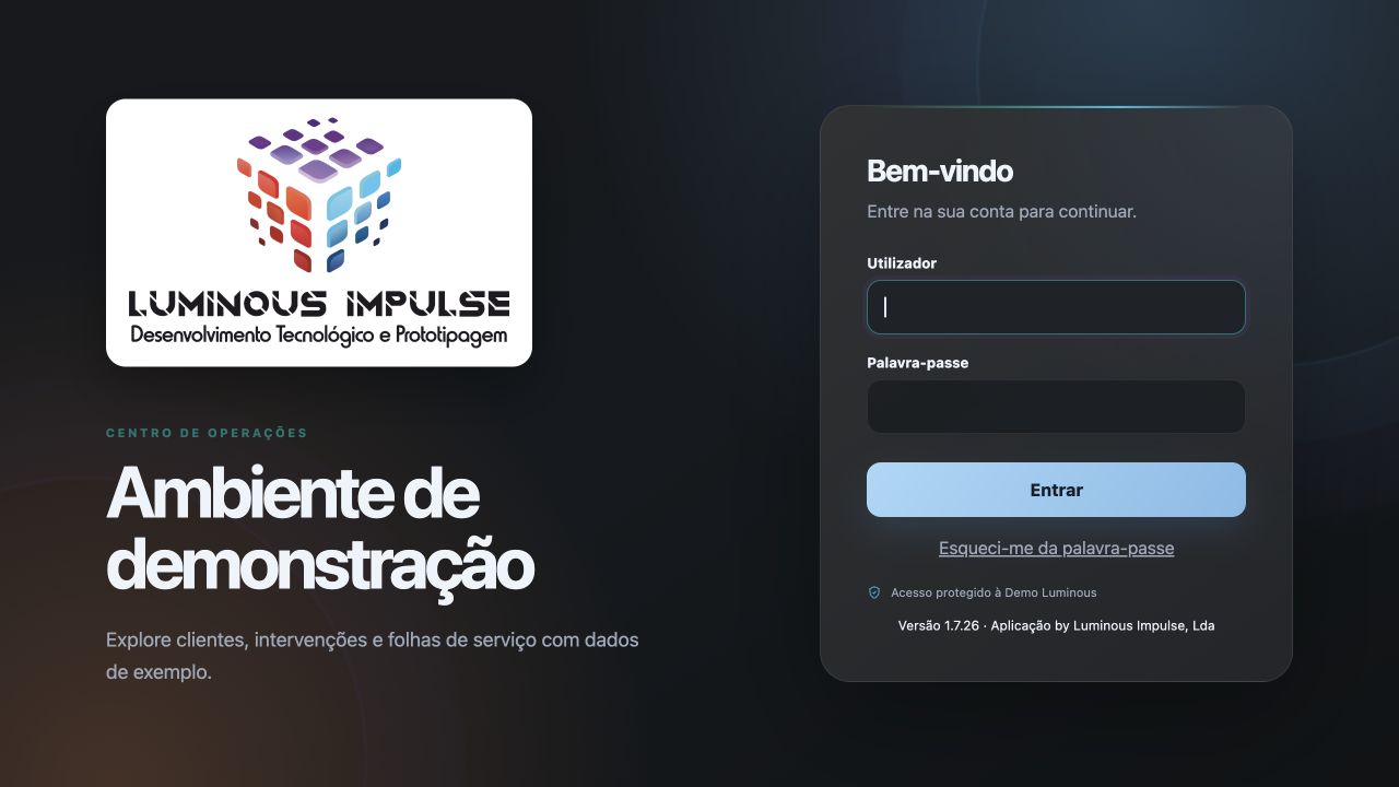 Captura real do ecrã de acesso ao Luminous Gestão
